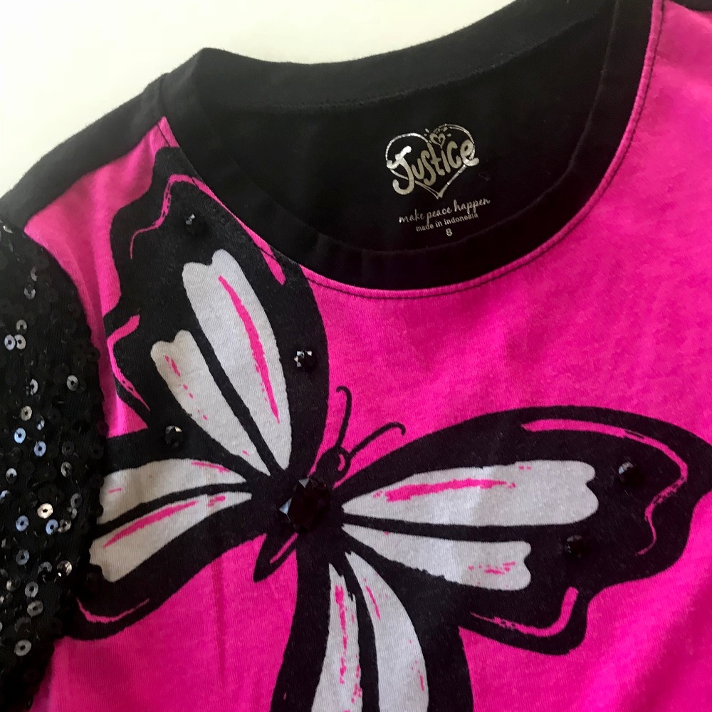 Justice Hot Pink and Black Bling Butterfly t-shirt
